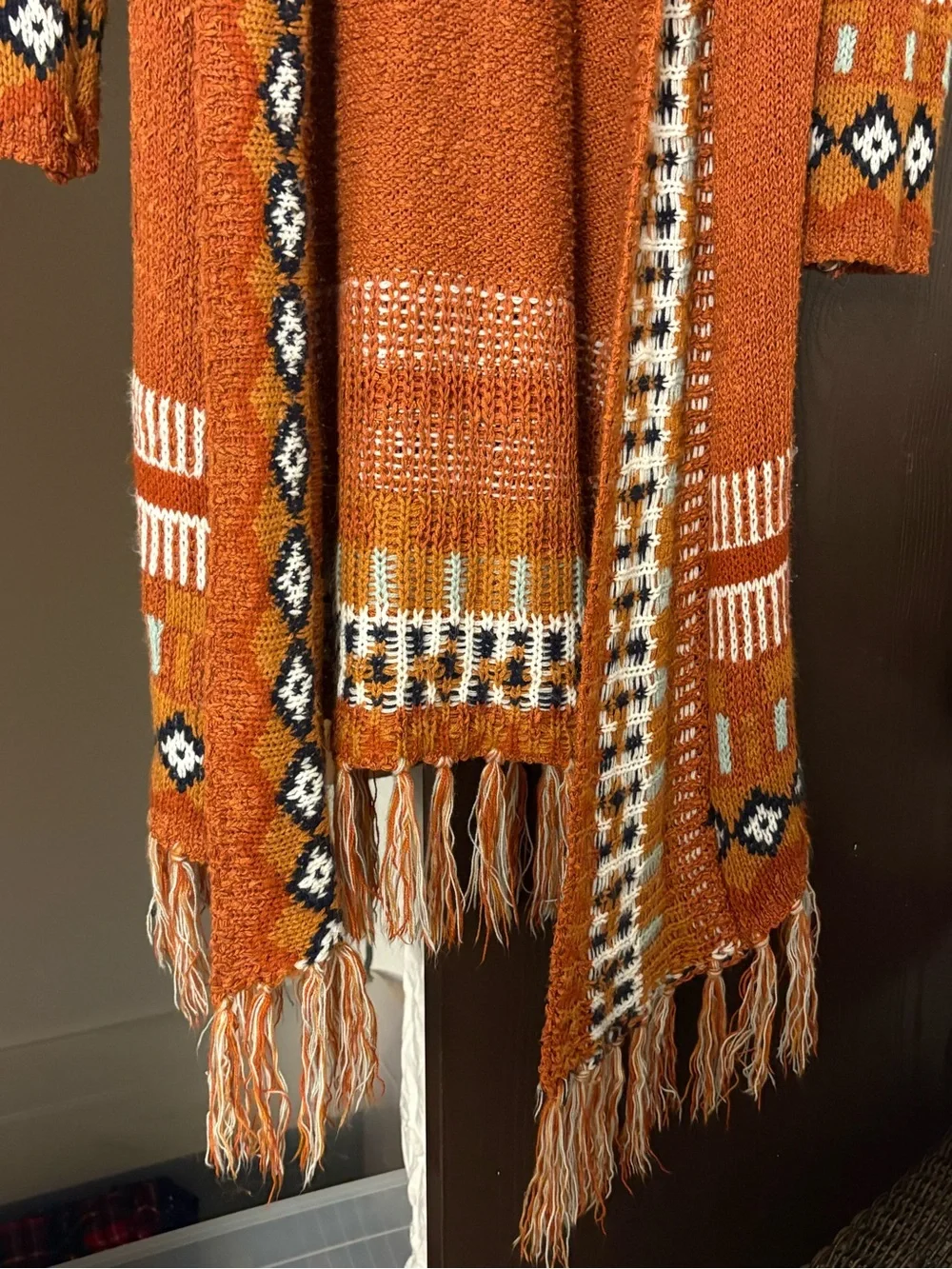 R Apparel Burnt Orange Aztec Boho Fringe Long Duster Cardigan S/M